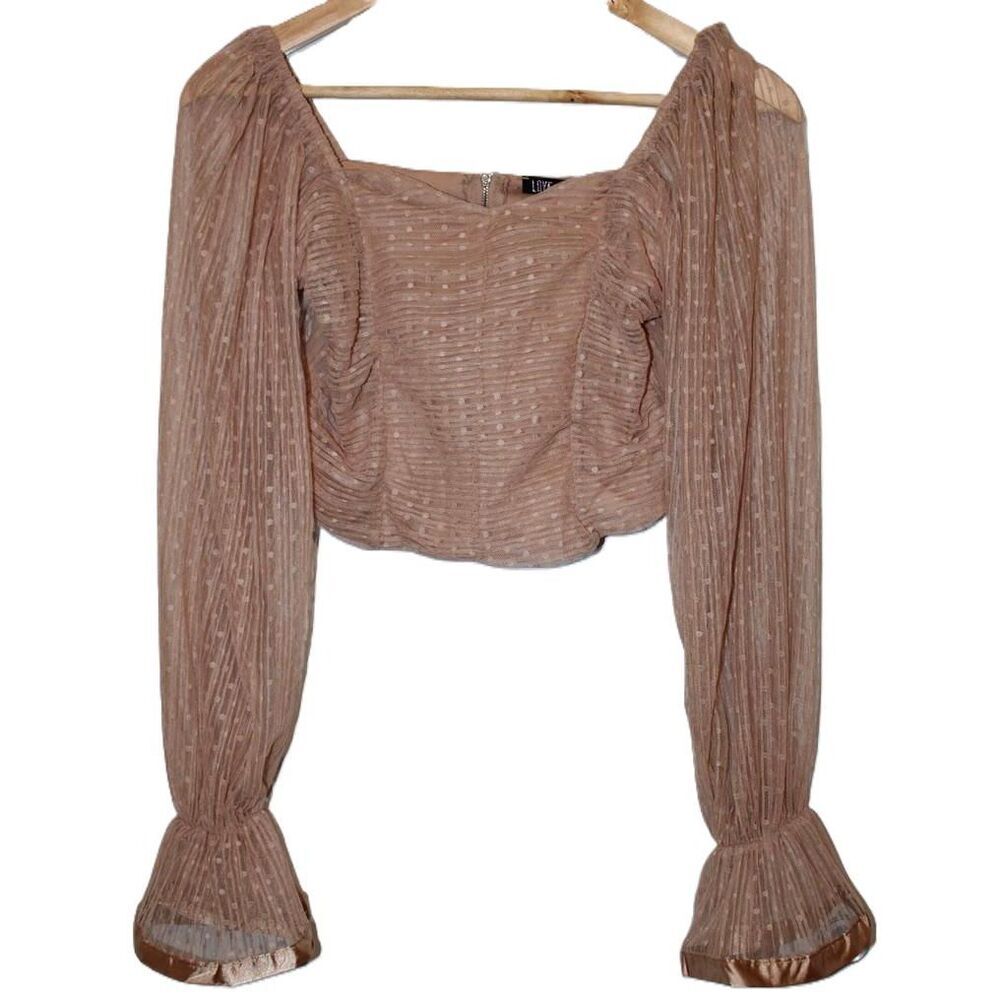NWT Love X Design Sweetheart Rouched Blouse Tan Nude Sheer Long Sleeve Top Sz M